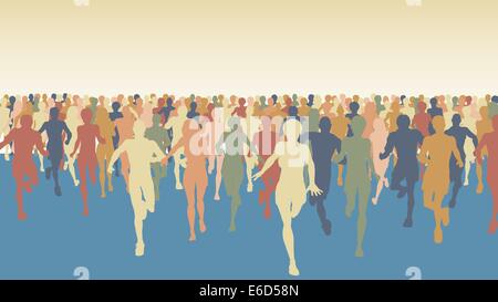 Editable vector colorful illustration of a large group of people running Stock Vector