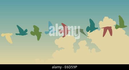 Editable vector silhouettes of a pigeon flying across the sky Stock Vector