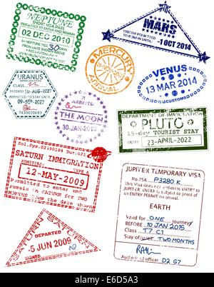 Set of editable vector visas from different planets Stock Vector