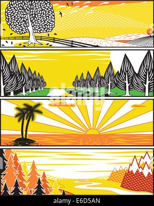 Set of editable vector banner illustrations of landscapes in popart style Stock Vector