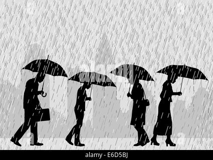 Editable vector illustration of people on a city street walking through rain with umbrellas Stock Vector