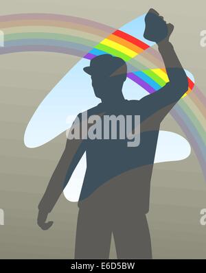 Editable vector illustration of a man cleaning a window to reveal a rainbow Stock Vector