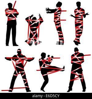 Set of editable vector silhouettes of people wrapped in red tape Stock Vector