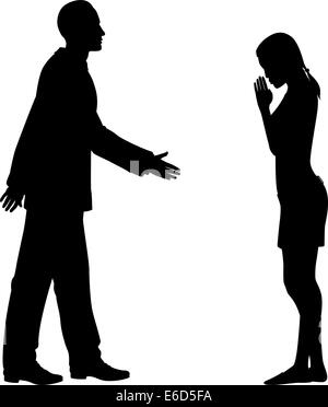 Editable vector silhouettes of the culture clash as a western man and an east asian woman greet each other Stock Vector