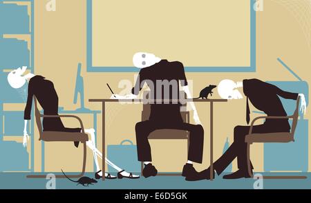 Editable vector silhouettes of skeletons in an office as a failed business concept Stock Vector