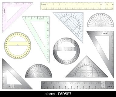 Set of editable vector rulers, set squares and protractors in plastic and metal Stock Vector