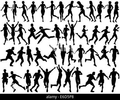 Set of editable vector silhouettes of people running Stock Vector