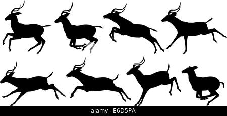 Set of editable vector silhouettes of running impala antelopes Stock Vector