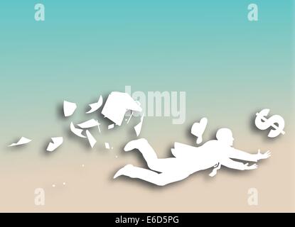 Editable vector cutout of a businessman desperately trying to catch a falling dollar with background made using a gradient mesh Stock Vector