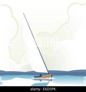 Editable vector illustration of a man sailing a yacht on calm water Stock Vector