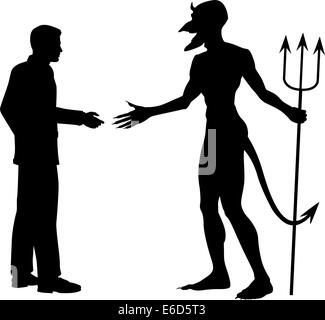 Editable vector silhouette of a man hesitating to shake hands to do a deal with the devil Stock Vector