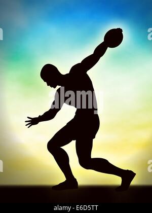 Editable vector silhouette of a man about to throw a discus with background made using a gradient mesh Stock Vector
