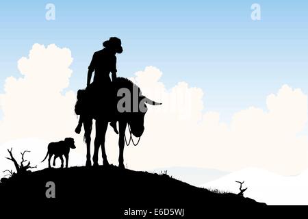 Editable vector silhouette of a weary traveler riding his donkey with dog following Stock Vector