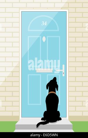 Editable vector illustration of a pet dog waiting outside a front door Stock Vector