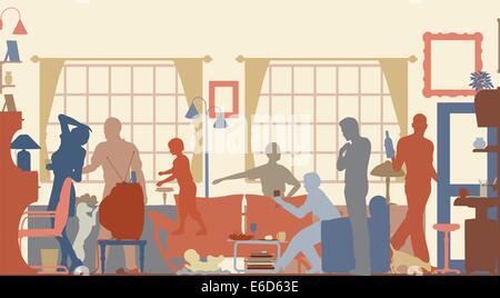 Editable vector silhouettes of a family gathering in a living room Stock Vector