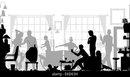 Foreground silhouette of a family gathering in a living room with all elements as separate editable objects Stock Vector