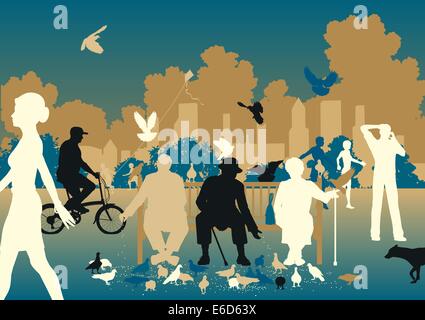 Editable vector illustration of people feeding pigeons in a busy urban park Stock Vector