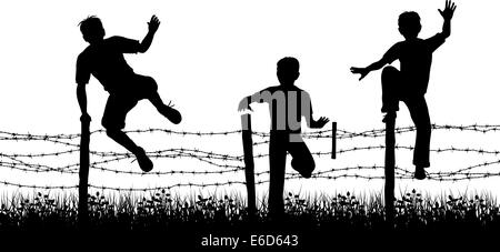 Editable vector silhouettes of three boys jumping over a barbed wire fence with boys, fence and grass as separate objects Stock Vector