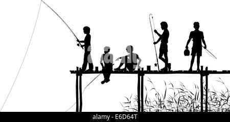Editable vector silhouettes of children fishing from a wooden jetty with all elements as separate objects Stock Vector