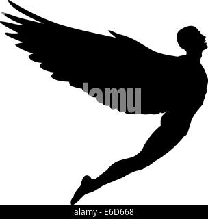 Editable vector silhouette of a man with wings flying Stock Vector