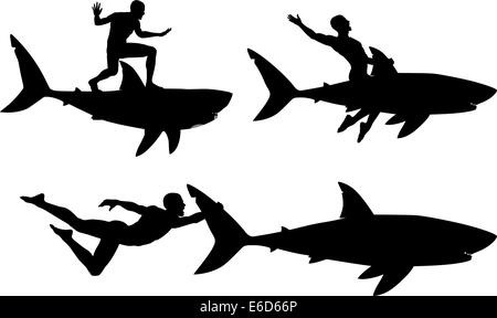 Editable vector silhouettes of a man riding a shark with men and sharks as separate objects Stock Vector