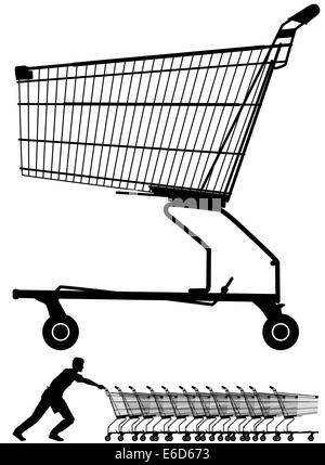 Editable vector illustration of a shopping trolley silhouette plus a worker pushing them Stock Vector