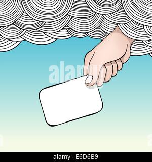 Editable vector illustration of a hand reaching out of the clouds holding a blank card Stock Vector