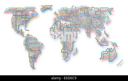 Editable vector illustration of the world in the style of an underground map with color shadow made using a gradient mesh Stock Vector