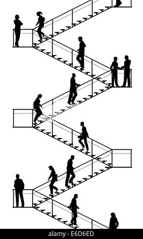 Editable vector silhouettes of people walking up and down flights of stairs with all elements as separate objects Stock Vector