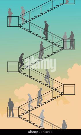Editable vector silhouettes of people walking up and down flights of stairs with sky background Stock Vector