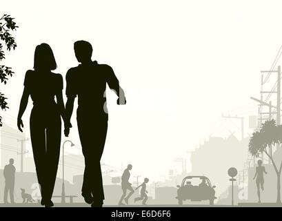 Editable vector silhouette of a couple walking down a street with all silhouette elements as separate objects. Stock Vector