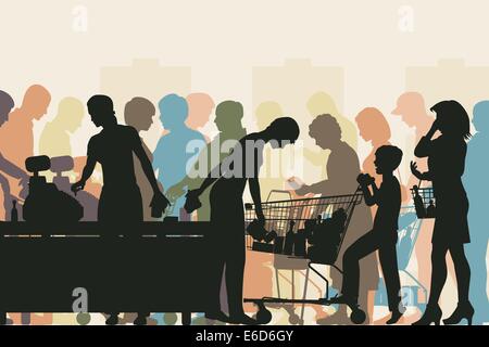 Editable vector colorful illustration of people in checkout queues in a busy supermarket Stock Vector