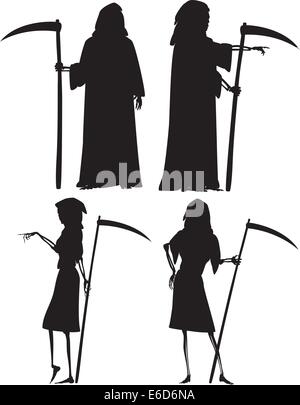 Editable vector silhouettes of The Grim Reaper and his wife The Grim Reapress with scythes as separate objects Stock Vector