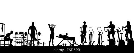 Editable vector foreground of a gym scene in silhouette with all elements as separate objects Stock Vector