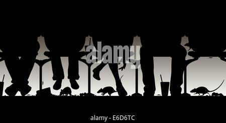 Editable vector illustration of people in a cinema with rubbish and rats on the floor and all elements as separate objects Stock Vector