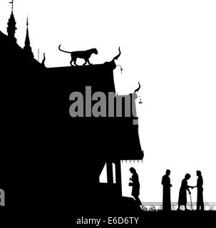 Editable vector silhouette of a leopard on a temple roof with figures as separate objects Stock Vector