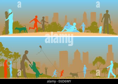 Two editable vector designs of people in a city park Stock Vector