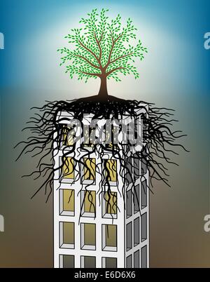 Editable vector illustration of a tree growing on a towerblock Stock Vector