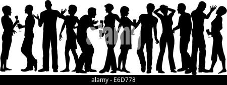 Editable vector silhouettes of men and women standing at a party with every person as a separate object Stock Vector