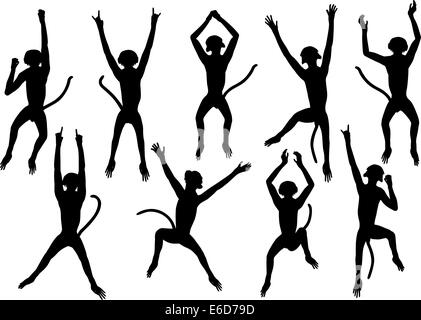 Set of editable vector silhouettes of jumping monkeys Stock Vector
