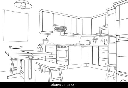 Interior sketch of kitchen room. Outline blueprint design of kitchen ...