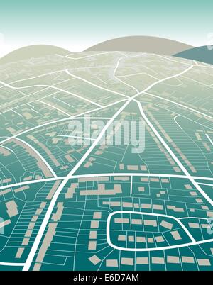 Editable vector illustration of a generic street map and green hills Stock Vector