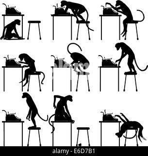Set of editable vector silhouettes of monkeys and typewriters with all figures as separate objects Stock Vector