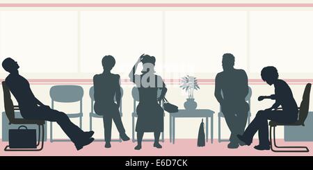 Editable vector silhouettes of people sitting in a waiting room Stock Vector