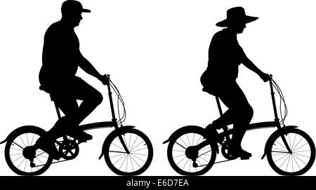 Editable vector silhouettes of an overweight couple riding small bicycles for exercise with people and bikes as separate objects Stock Vector