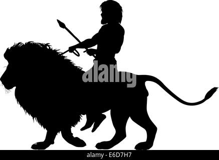 Editable vector silhouette of a man riding on a male lion with figures as separate objects Stock Vector