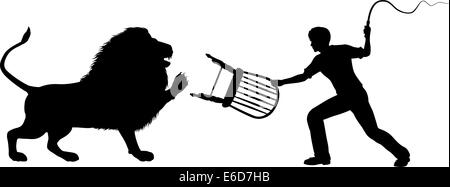 Editable vector silhouette of a lion-taming man with whip and chair Stock Vector