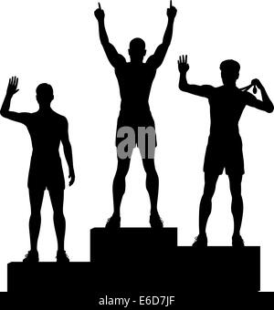 Editable vector silhouettes of three male athletes celebrating on a medal podium with each figure as a separate object Stock Vector