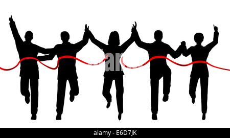 Silhouettes of a business team crossing a finishing line with each person as a separate object Stock Vector