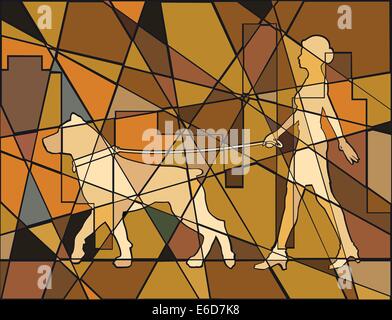 Editable vector mosaic illustration of a woman walking her dog Stock Vector